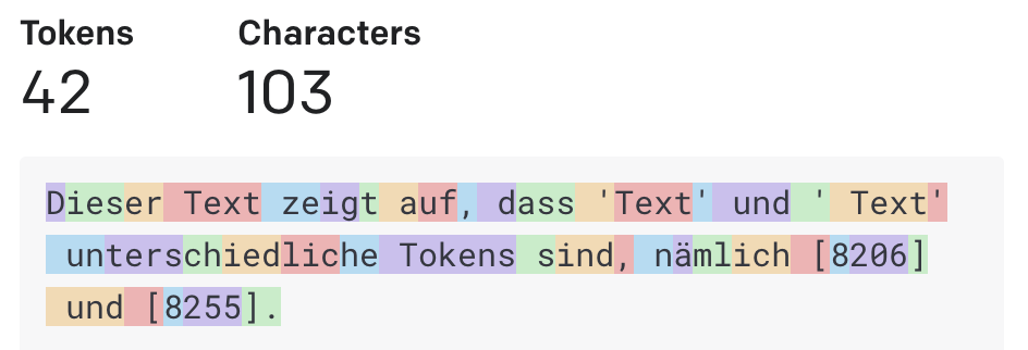 Dieser Beispieltext besteht aus 42 Tokens.